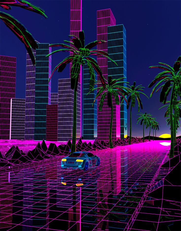 a futuristic city with palm trees in the foreground and neon lights on the buildings