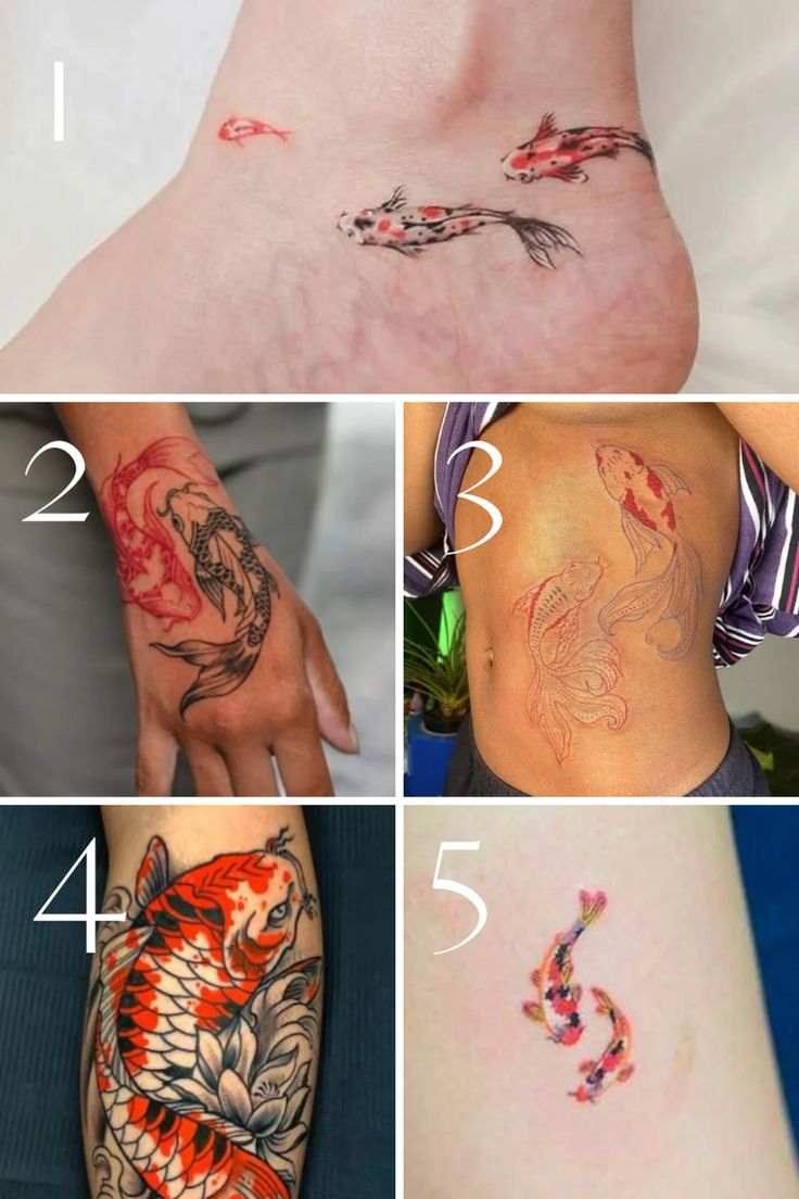 four pictures showing different types of tattoos on the body