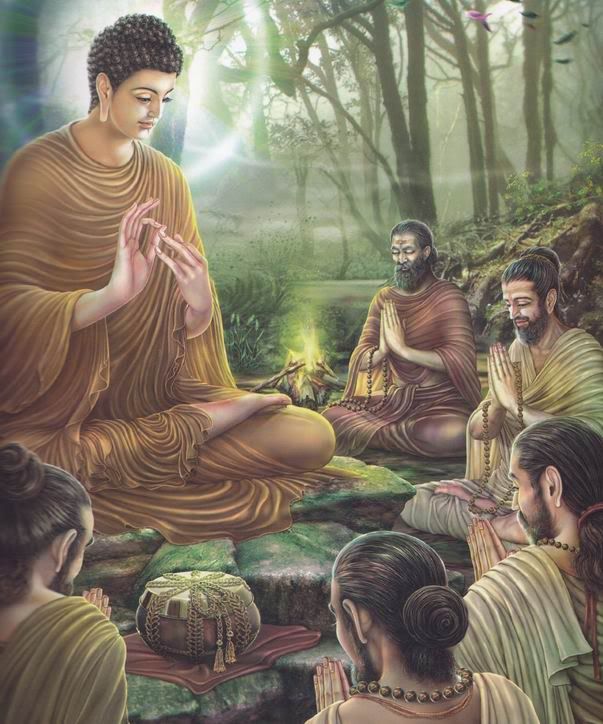 some people are sitting in the middle of a forest with buddhas around them and one is holding his hands together