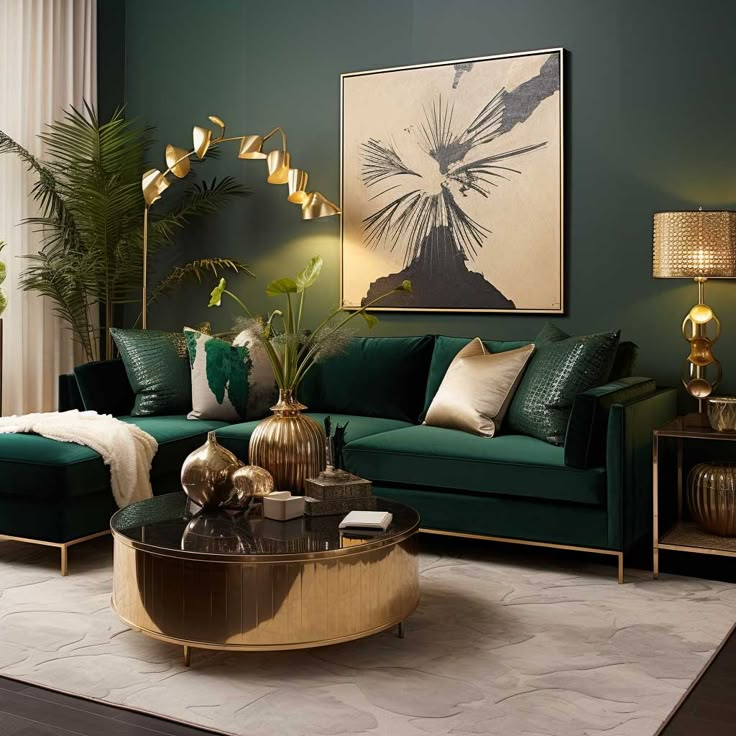 a living room with green couches and gold accents