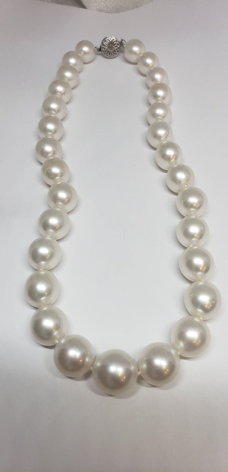 SOUTH SEA PEARL NECKLACE STRAND 18" WITH 14K WHITE GOLD FILIGREE CLASP 13-16MM GRADUATED Luxury Handmade Double Strand Pearl Necklace, Luxury High Luster Pearl Necklace, White High Luster Round Bead Necklaces, White High Luster Round Beads Necklace, White High Luster Round Beaded Necklaces, Formal Pearl White Beaded Necklace With Pearl Drop, Formal Pearl Necklace With High Luster, Luxury White Pearl Chain Necklace, Luxury White Single Strand Pearl Necklace