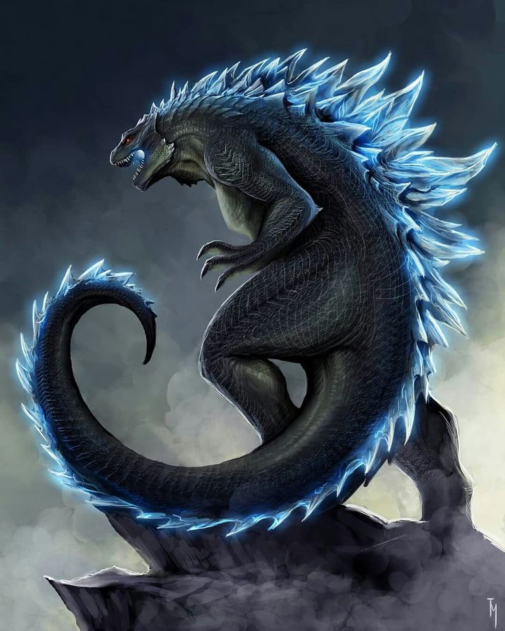 a drawing of a black dragon sitting on top of a rock in the dark sky