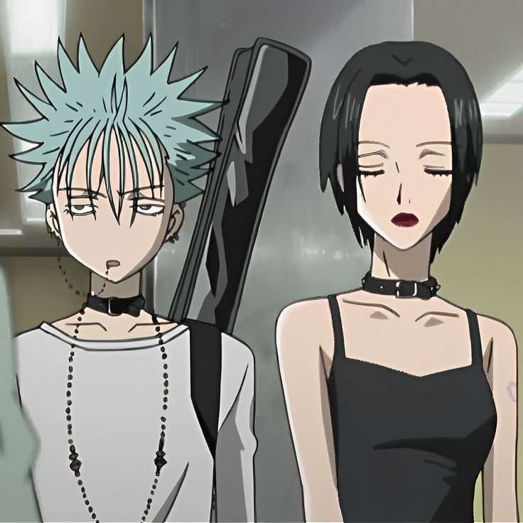 two anime characters standing next to each other in front of a mirror with their eyes closed