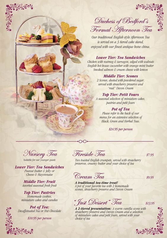 a menu for a tea party with cakes and pastries