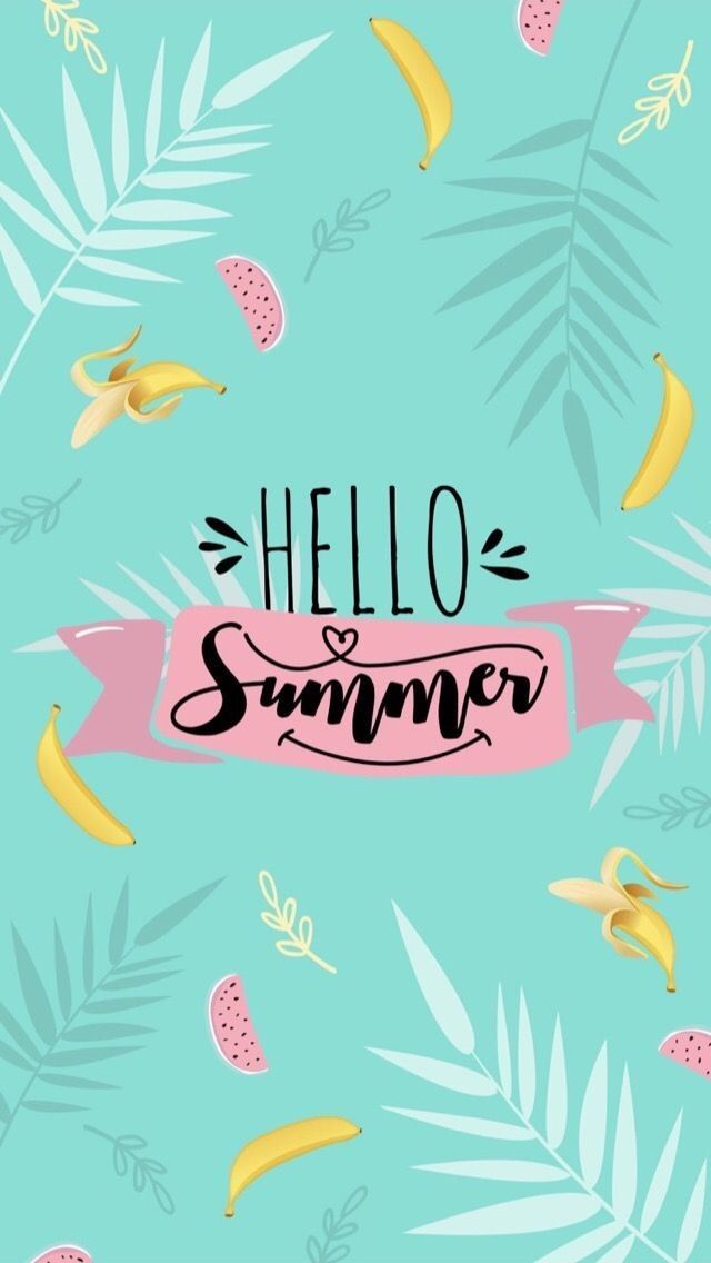 the words hello summer written in black ink on a blue background with bananas and leaves