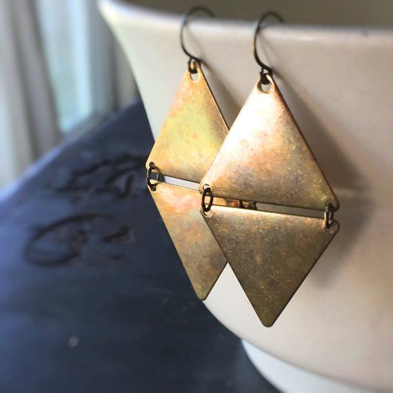 Cairo Raw Brass Double Triangle Earrings on Brass Ear Wires - Mod and Trendy Geometric Chic Triangle Gold Metal Earrings, Gold Triangle Metal Earrings, Geometric Metal Earrings For Everyday, Gold Geometric Earrings For Everyday, Geometric Nickel-free Metal Earrings, Nickel-free Geometric Metal Earrings, Nickel-free Geometric Brass Earrings, Adjustable Gold Triangle Earrings, Everyday Gold Triangle Earrings