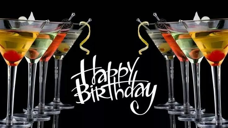 three martini glasses filled with different colored drinks and the words happy birthday written in white