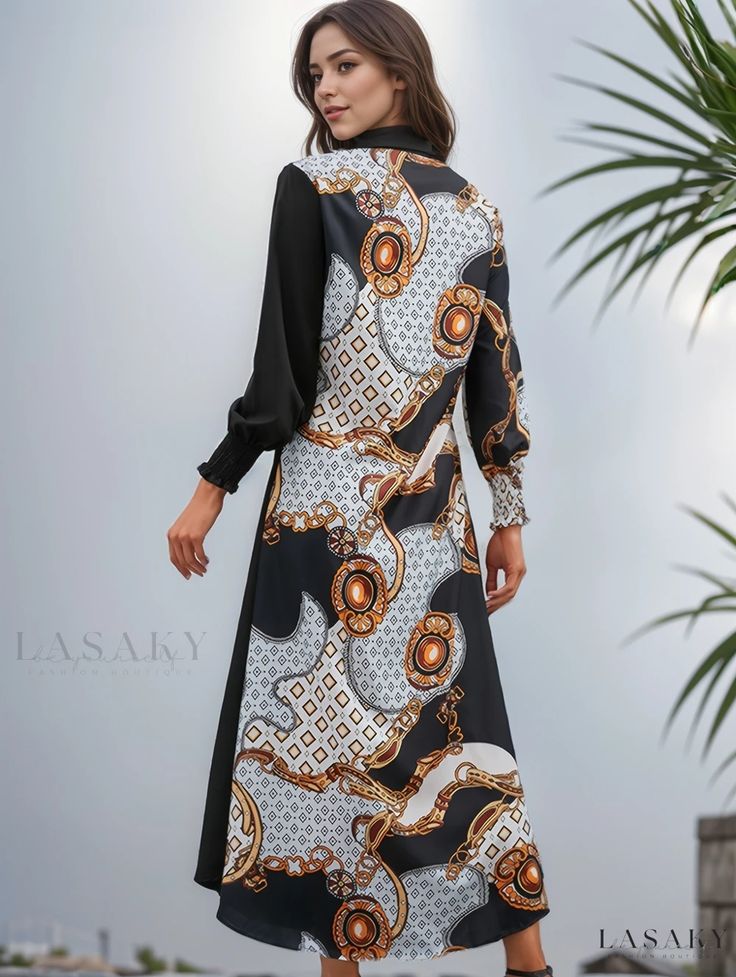 Lasaky - Contemporary Asymmetric Print Split Button Front Dress: Long Sleeve Maxi Dress, Fashionable Womens Attire Elegant Long Dresses With Patchwork, Elegant Patchwork Maxi Dress For Fall, Elegant Long Sleeve Patchwork Maxi Dress, Fall Patchwork Dress With Asymmetrical Hem, Casual Dress With Asymmetrical Hem And Buttons, Casual Dress With Buttons And Asymmetrical Hem, Chic Patchwork Maxi Dress For Fall, Elegant Long Sleeve Printed Shirt Dress, Spring Dresses With Asymmetrical Hem And Buttons