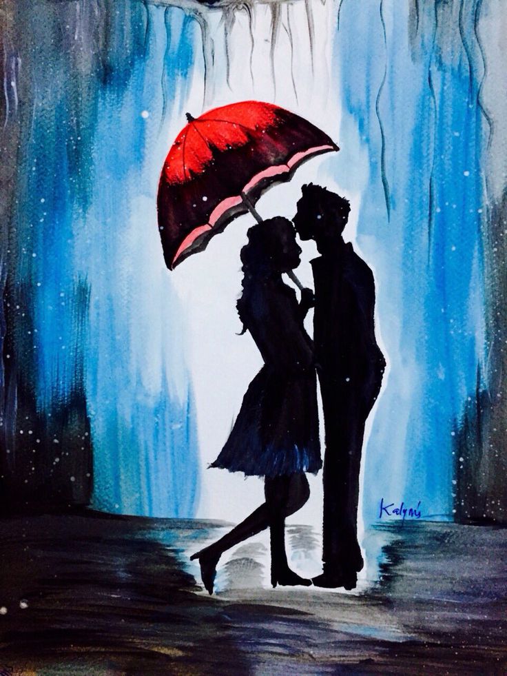 a painting of a couple kissing under an umbrella in the rain with icicles hanging down