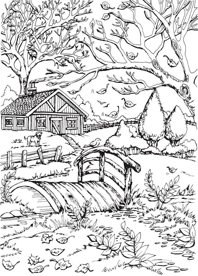 a black and white drawing of a farm house in the countryside with trees, grass and water