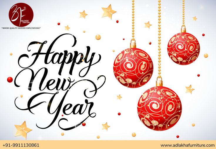 three red christmas balls hanging from chains with the words happy new year