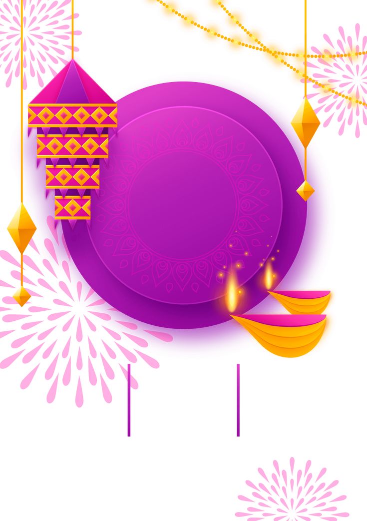 a purple plate and some decorations on a white background with fireworks in the sky behind it