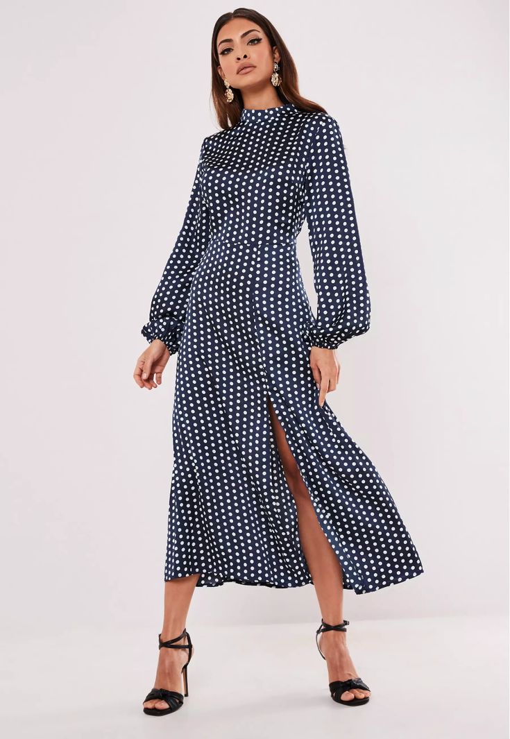 Navy Polka Dot High Neck Midi Dress | Missguided High Neck Midi Dress, Navy Midi Dress, Style Dresses, Going Out Dresses, Tie Dress, Trending Dresses, Wedding Attire, Women's Dresses, Blue Dresses