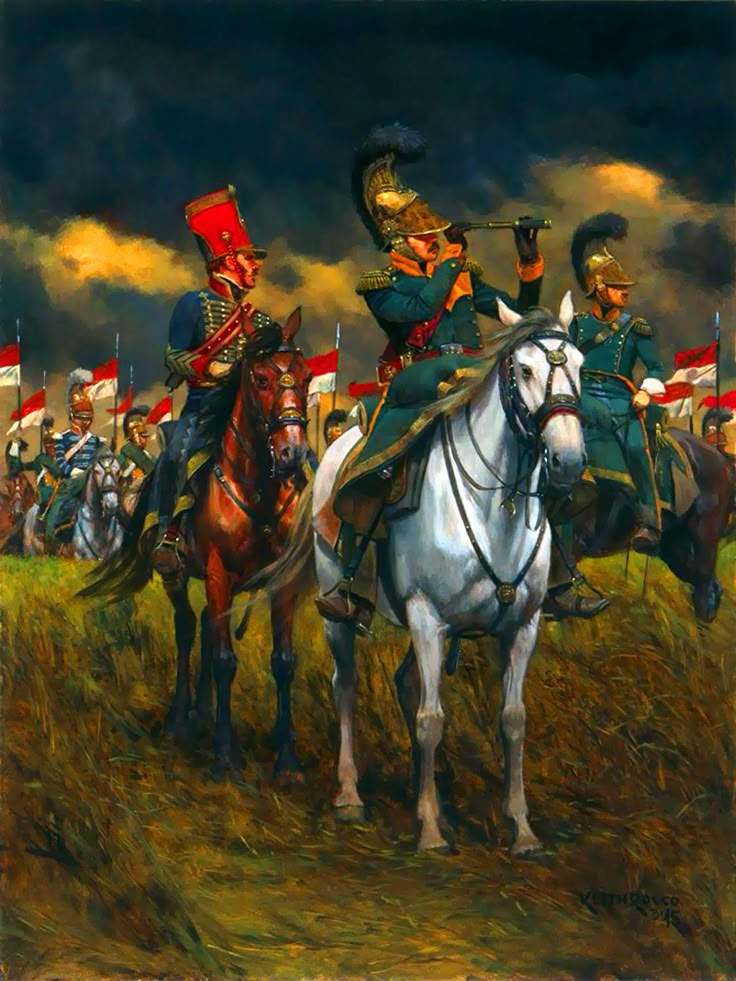 a painting of men in uniforms on horses