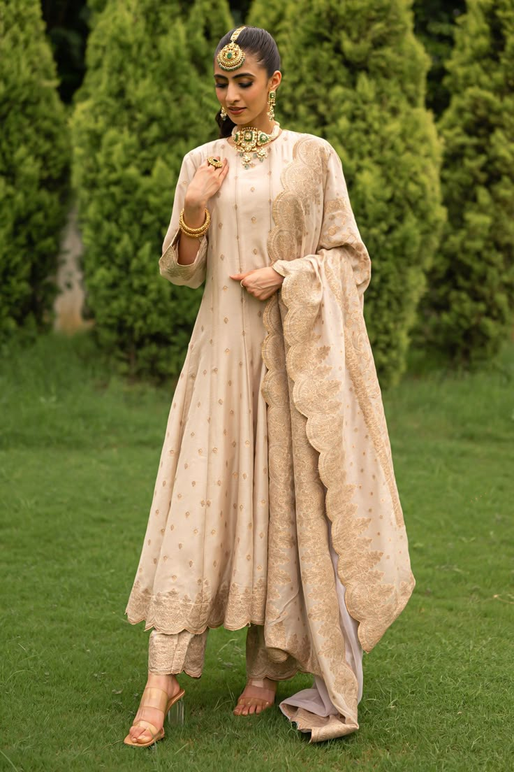 Shop for these amazing collections of Ivory Vegan Silk Woven And Embroidered Floral Pattern & Azalea Anarkali Set For Women by Safaa online at Aza Fashions. Straight Anarkali Suits, Beige Anarkali Dress, Beige Anarkali Suits, Anarkali Dress Pattern New 2024, A Line Anarkali, Beige Anarkali, Sahil Kochhar, Organza Sharara, Anarkali Suits Designer