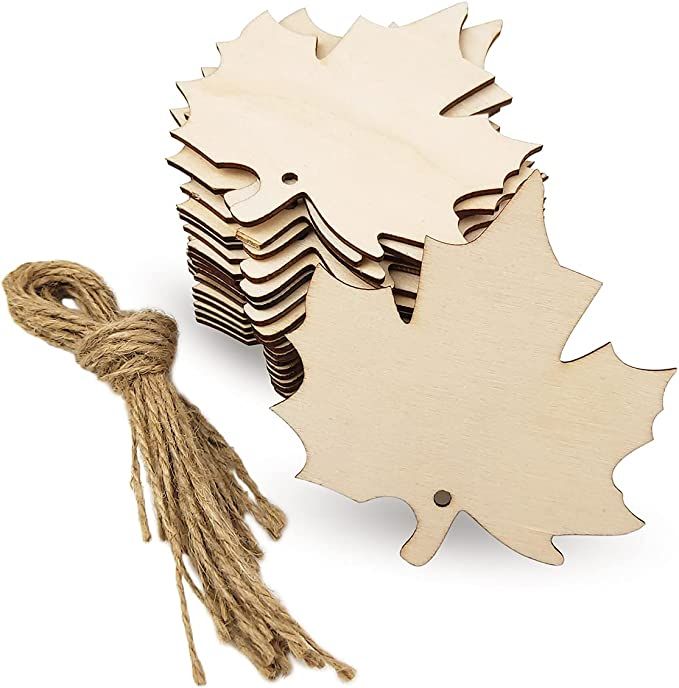 wooden cutouts of maple leaves and twine