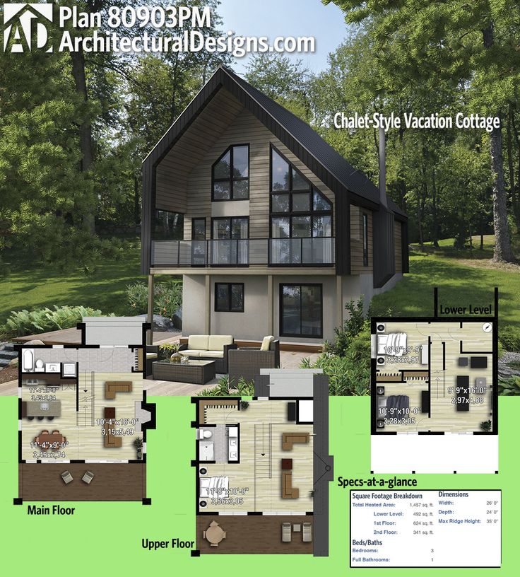 two story house plan with three balconies on the second floor, and an attached garage