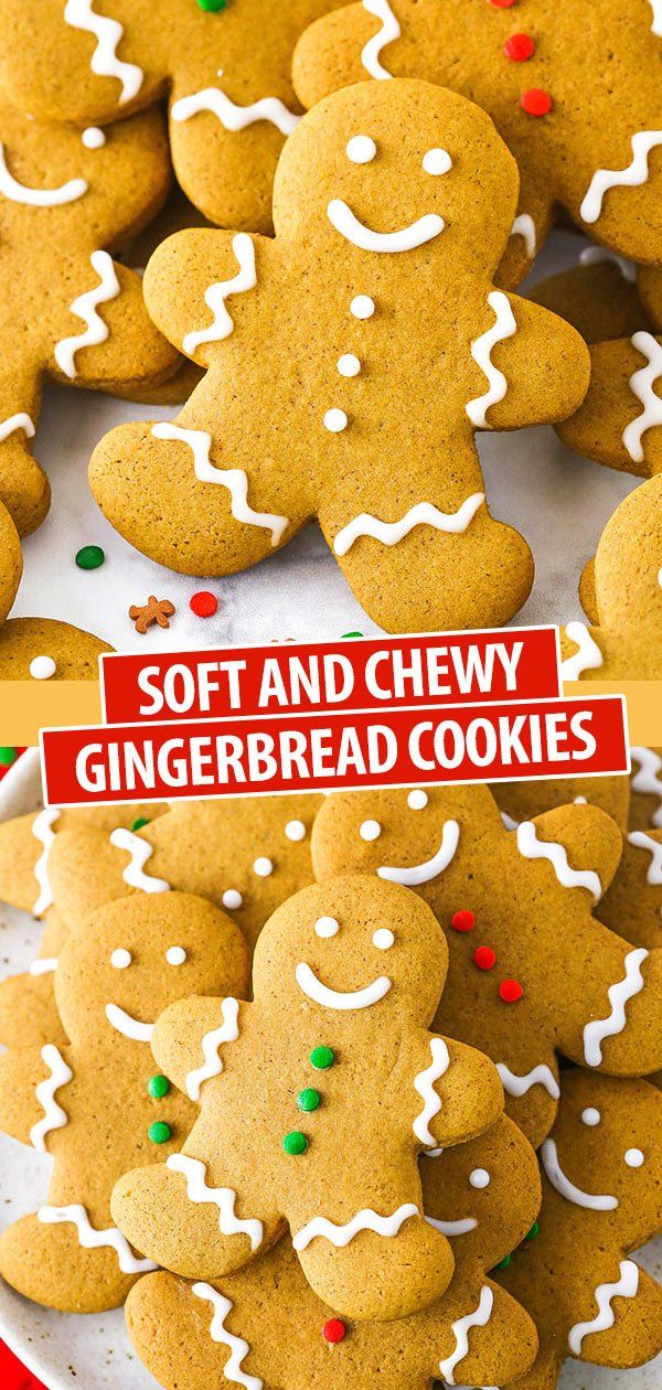 there are many gingerbread cookies on the plate and one has a sign that says soft and chewy