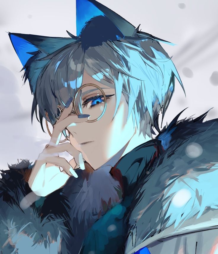 an anime character with blue hair wearing glasses and a fur coat, holding his hand to his face