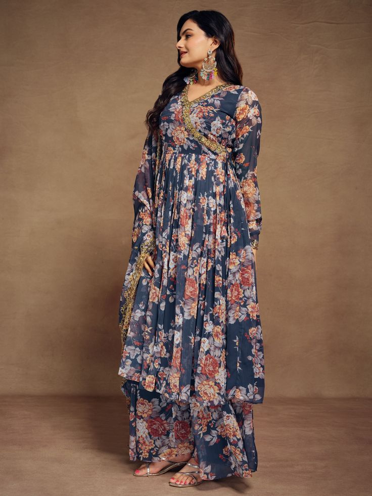 Introducing the stunning "attractive blue floral printed chiffon festival wear palazzo suit" from Ethnic Plus, a must-have addition to your ethnic wear collection. Made from high-quality chiffon material, this suit features intricate floral print, zari work, and sequin work, making it the perfect outfit for festivals, weddings, and other special occasions. The set includes a fully stitched blue palazzo suit with a matching chiffon palazzo and dupatta, all adorned with beautiful floral prints and Engagement Gown, Lehenga Crop Top, Lehenga Choli Wedding, Floral Lehenga, Party Wear Lehenga Choli, Palazzo Suit, Cocktail Wear, Bollywood Lehenga, Reception Gown