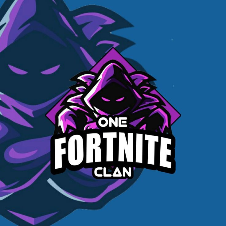 the fortnite clan logo is shown in purple and black colors on a blue ...