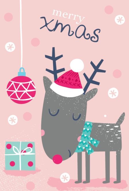 a christmas card with a reindeer wearing a santa hat