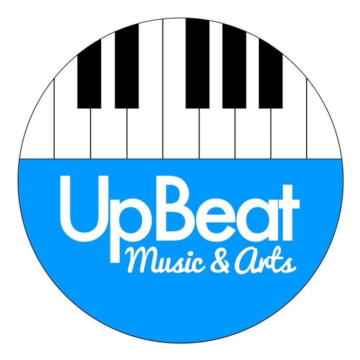 up beat music and arts logo with piano keys in the center on a blue circle