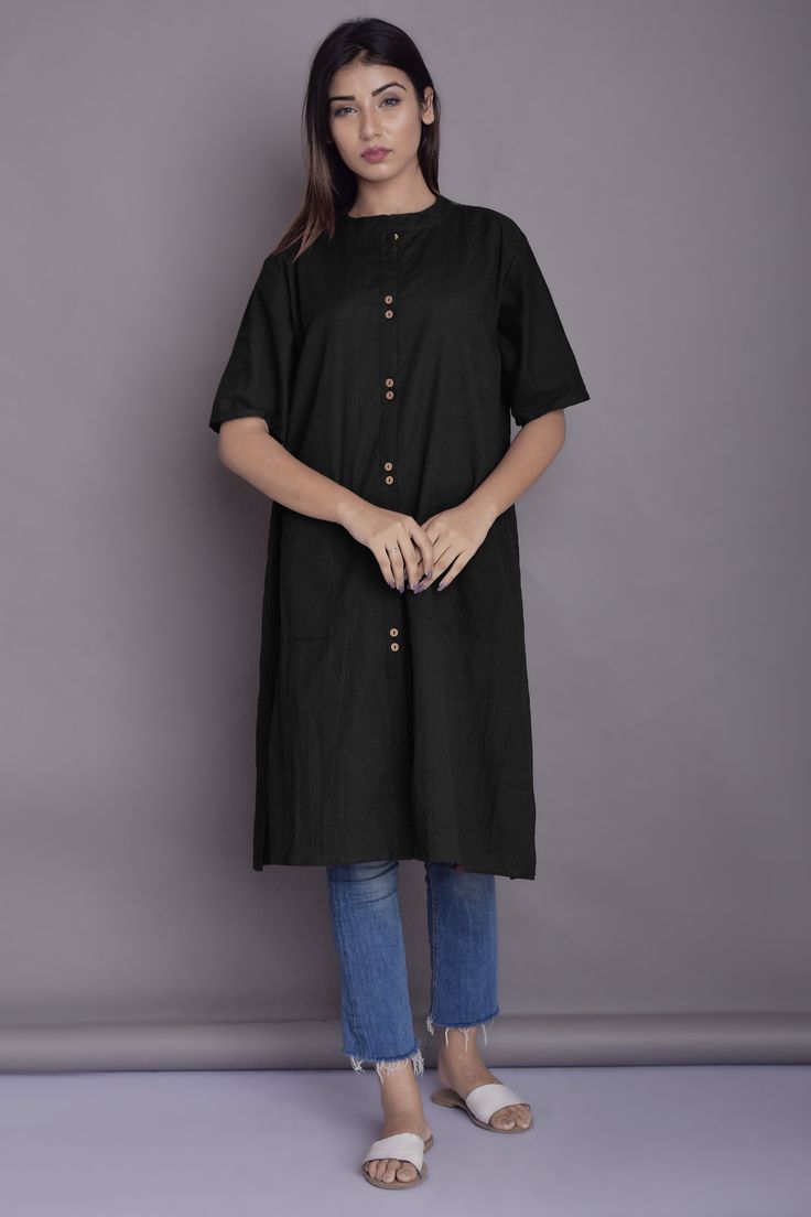 "Long Shirt for Women, Shirt dress for Women, Patch pocket shirt, Linen Washed Soft Shirt, Indian Kurta - Custom made by Modernmoveboutique >DESCRIPTION< - loose and roomy - patch pocket - elbow sleeve - made from Linen blend. The fabric is of medium weight (185 g). - the model is 172 cm high (regular XS - S) and is wearing size S. - color in the picture - BLACK (Please choose any other color on the right). >COLOR< NOTE - The shirt is available in 25 colors. - We found out the fabric Casual Half Sleeve Shirt Dress With Button Closure, Casual Half Sleeve Shirt Dress With Buttons, Daywear Half Sleeve Cotton Shirt, Cotton Half Sleeve Daywear Shirt, Cotton Half Sleeve Shirt For Daywear, Cotton Half Sleeve Shirt With Button Closure, Plain Cotton Shirt For Work, Casual Cotton Shirt Dress With Short Sleeves, Casual Cotton Short Sleeve Shirt Dress