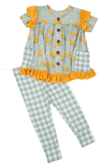 The gingham patch pockets on this frilly A-line top match the stretchy leggings to make an extrasweet coordinated outfit for your little one. Top has front button closure; side patch pockets Leggings have elastic waist 95% viscose, 5% spandex Machine wash, tumble dry Imported Playful Gingham Sets For Spring, Cute Spring Sets With Elastic Waistband, Spring Gingham Sets With Ruffles, Spring Cotton Leggings For Playwear, Cotton Leggings For Playwear In Spring, Cute Cotton Leggings For Loungewear, Fitted Gingham Sets For Spring, Cute Fitted Gingham Sets, Casual Gingham Sets For Spring