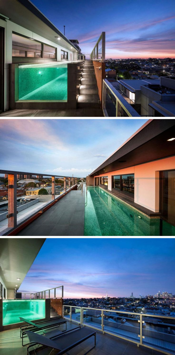 three different views of an outdoor swimming pool at night and day, with the city in the background