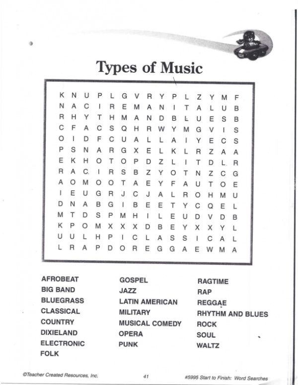 the types of music word search