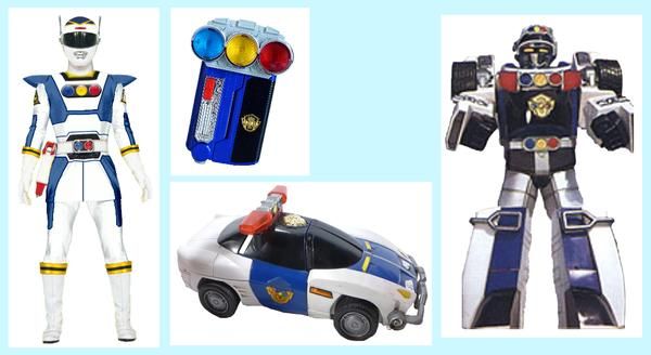 three different action figures including a police car and a robot