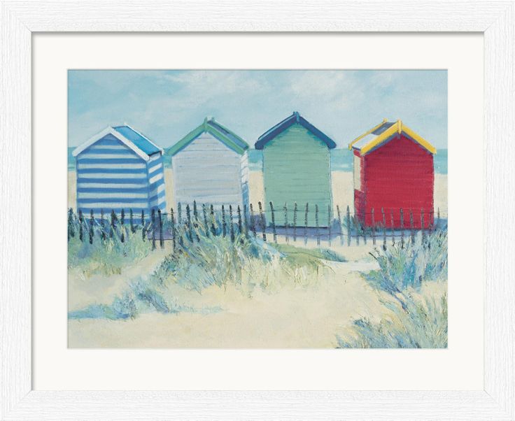 a painting of beach huts in the sand