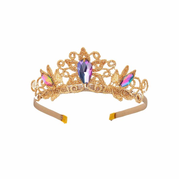 Handmade princess crown, the perfect accessory for a birthday princess, costume, or everyday dress-up. Lightweight tiara that's comfortable for hours of wear. Handmade with love and quality materials in Brooklyn, NY. Handmade from a fine quality gold Venise lace with a hand-sewn gem. Color: Gold lace base and three purple gems. Height: Approximately 2" (at peak). Individually packaged in a crystal clear box for protection and showcasing. Designed for ages 3 and up. Handmade in Brooklyn, NY. Mate Regal Gold Crown For Wedding, Whimsical Crown Headband As Gift, Whimsical Crown-shaped Headband For Gifts, Regal Gold Wedding Crown, Whimsical Tall Crown For Parties, Gold Crown Design Headpiece For Wedding, Whimsical Crown Hair Accessories For Parties, Gold Wedding Headpiece With Crown Design, Whimsical Crown Headband For Parties