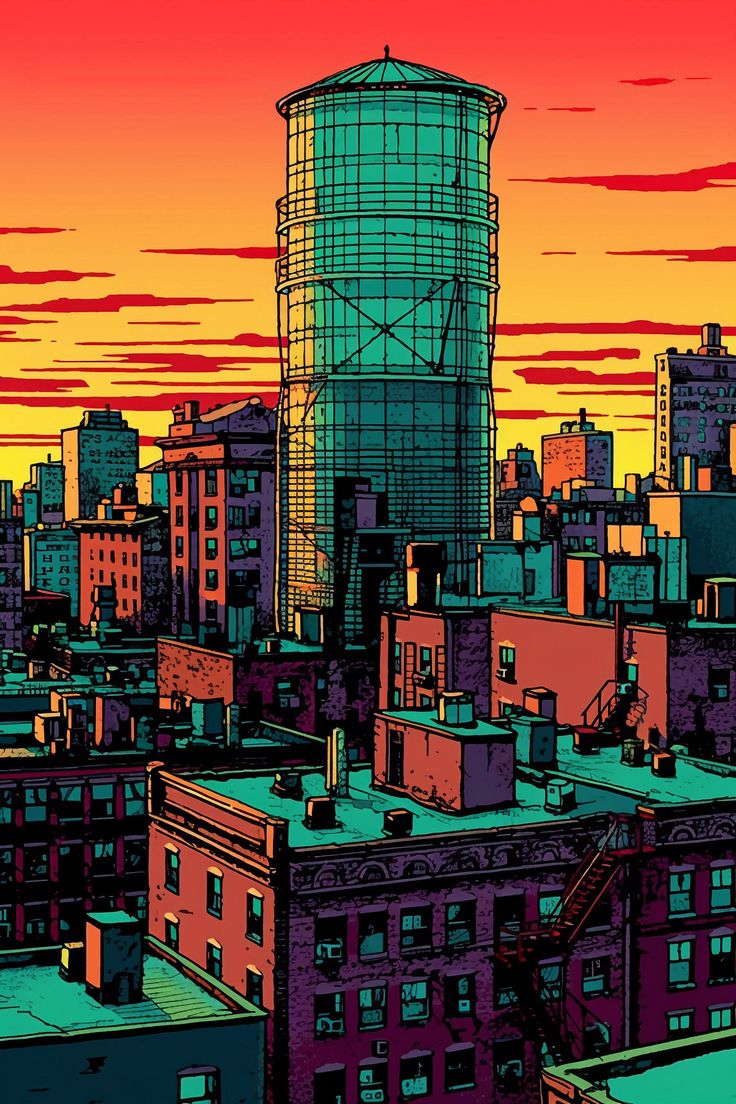 an image of a cityscape with buildings in the foreground and a water tower in the background