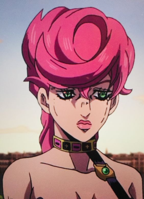 an anime character with pink hair and green eyes