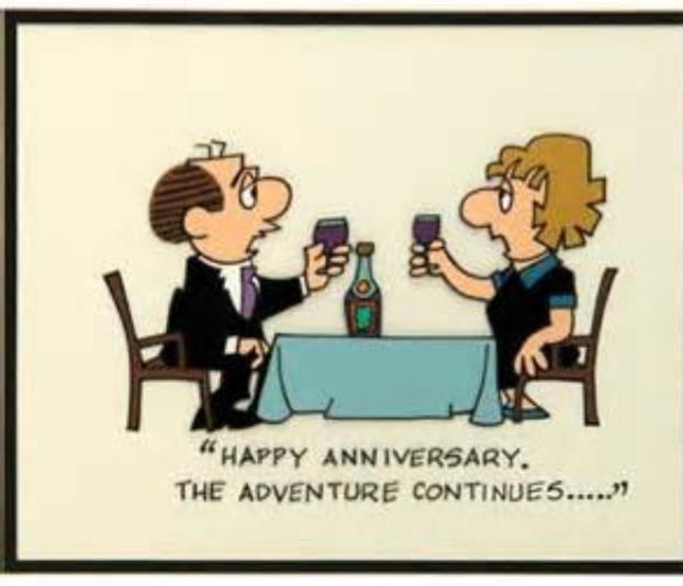 two people sitting at a table holding up cell phones to each other, with the caption happy anniversary the adventure continues