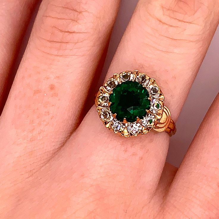 Vintage 1940's 10k yellow gold statement ring. The size of the ring is a 5.5, and has the ability to be resized. The height of the ring off of the finger is 5.5mm. The width of the band is 2.9mm, and tapers down to 1.8mm. Emerald Cut Green Ring With Rose Cut Diamonds, Collectible Green 14k Stamped Jewelry, Green Cluster Ring With Rose Cut Diamonds, Vintage Green Diamond Ring With Halo Setting, Green Vintage Diamond Ring With Halo Setting, Classic Green Open Signet Ring, Green Diamond Ring With Halo Setting In Vintage Style, Green Diamond Ring With 14k Gold Prong Setting, 14k Gold Green Diamond Ring With Prong Setting