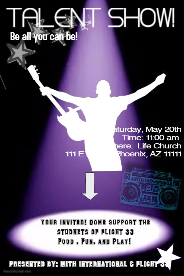 the talent show flyer is shown with an image of a man holding a guitar