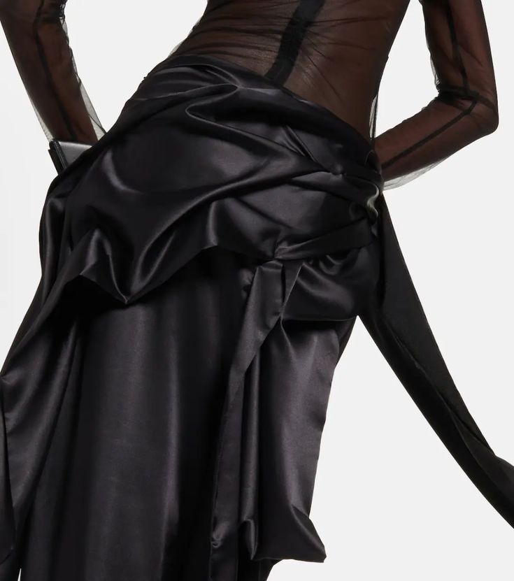 Атласная макси-юбка с бантом черного цвета - Acne Studios | Митереза Ruched Draped Maxi Skirt For Evening, Evening Draped Ruched Maxi Skirt, Chic Draped Evening Maxi Skirt, Evening Asymmetrical Ruched Skirt, Ruched Draped Skirt For Evening, Evening Ruched Asymmetrical Skirt, Pre-draped Long Silk Skirt, Evening Draped Ruched Skirt, Pre-draped Long Skirt For Party