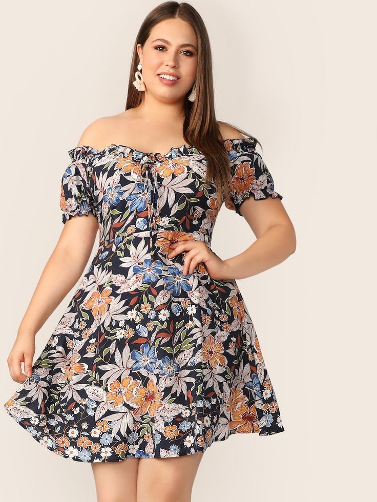 Plus Frilled Off Shoulder Botanical Print Dress | SHEIN Off Shoulder Dress Bodycon, Off Shoulder Floral Dress, Curvy Dresses, Boho Fits, Look Plus Size, Shein Dress, Frill Dress, Bodycon Dress Parties, Plus Size Kleidung