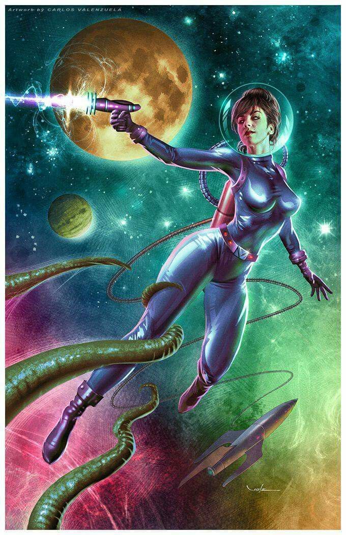 Sci-Fi Pinup by Carlos Valenzuela. Space Girl Art, Pulp Science Fiction, Science Fiction Art Retro, Sci Fi Wallpaper, Science Fiction Artwork, Space Ranger, Space Girls, Scifi Fantasy Art, Sci Fi Comics