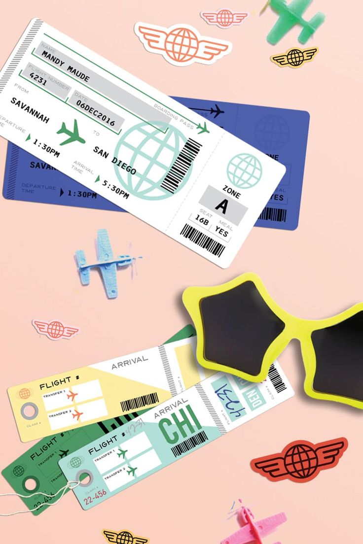 an airplane ticket, sunglasses and other items on a pink background with colorful stickers