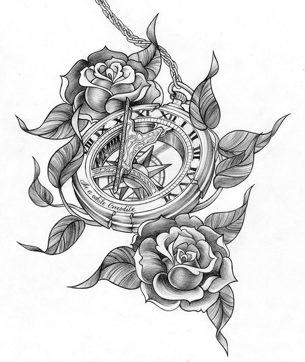 a tattoo design with roses and an old pocket watch