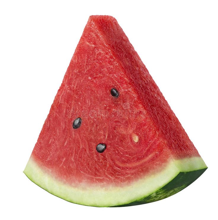 a slice of watermelon with black seeds on it's side, sitting in front of a white background