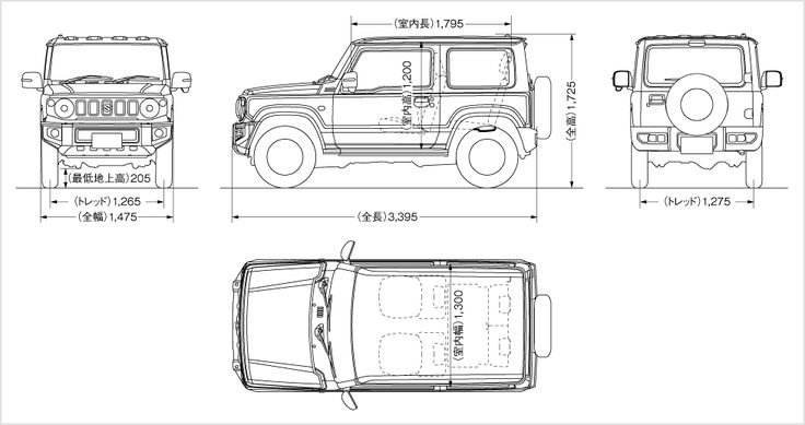 the jeep is shown in three different sizes and colors, with measurements for each vehicle