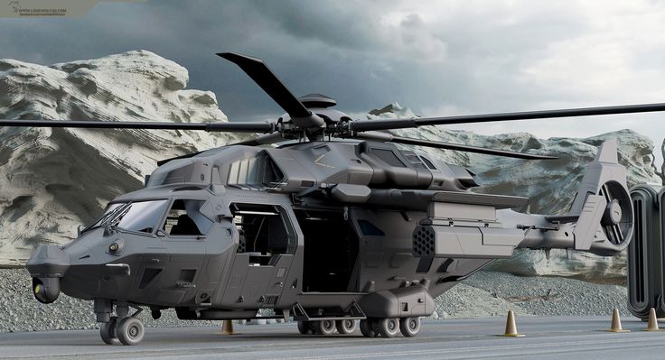 an army helicopter parked on the tarmac with mountains in the background