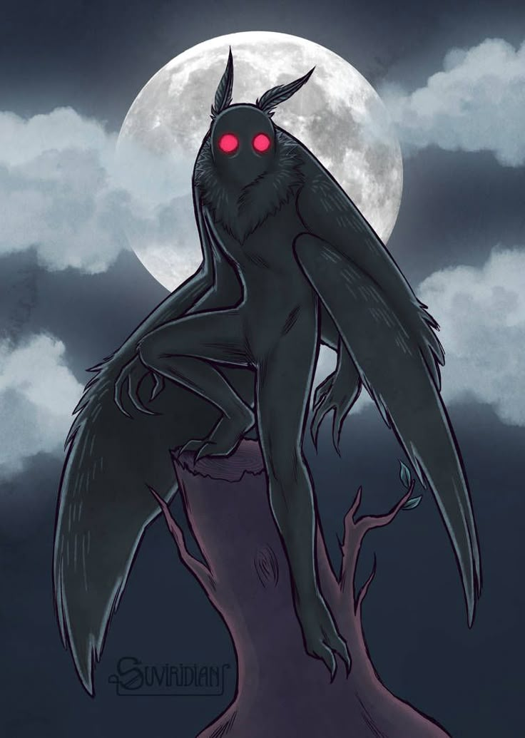 a drawing of a demon with red eyes on it's head sitting on top of a tree