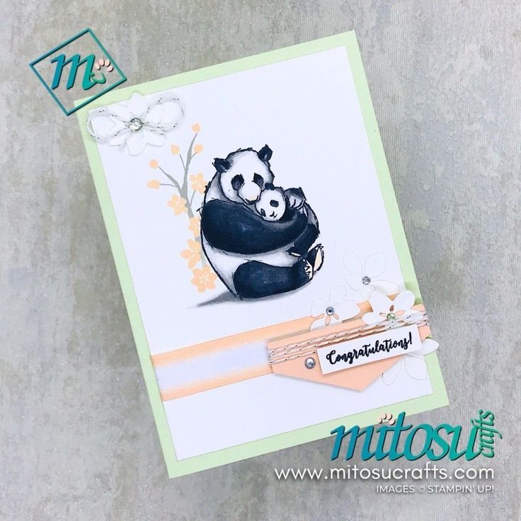 the panda bear is hugging his cub in this card, which has flowers and leaves on it