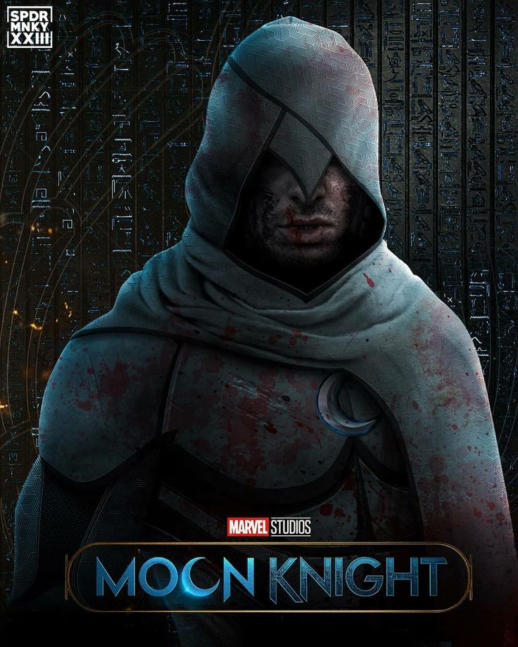 the poster for the upcoming movie moon knight, which features a man in a hooded costume